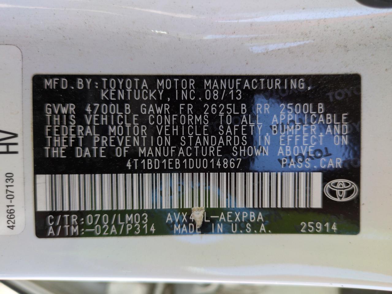 2013 Toyota Avalon Hybrid VIN: 4T1BD1EB1DU014867 Lot: 64208265