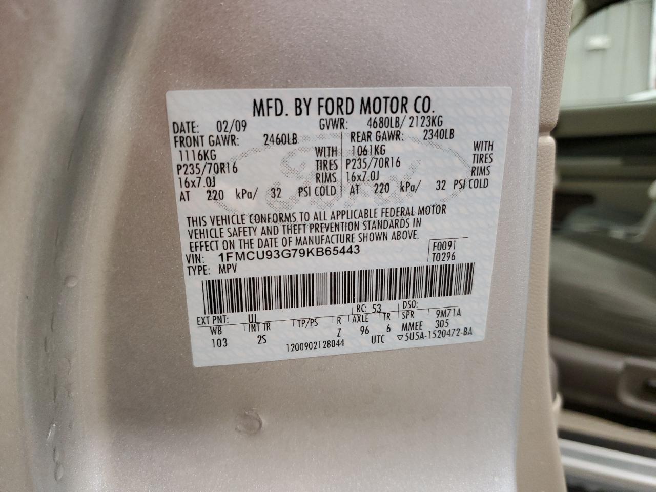 2009 Ford Escape Xlt VIN: 1FMCU93G79KB65443 Lot: 62776605