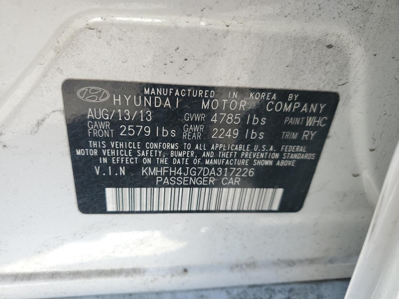 2013 Hyundai Azera Gls VIN: KMHFH4JG7DA317226 Lot: 62919065