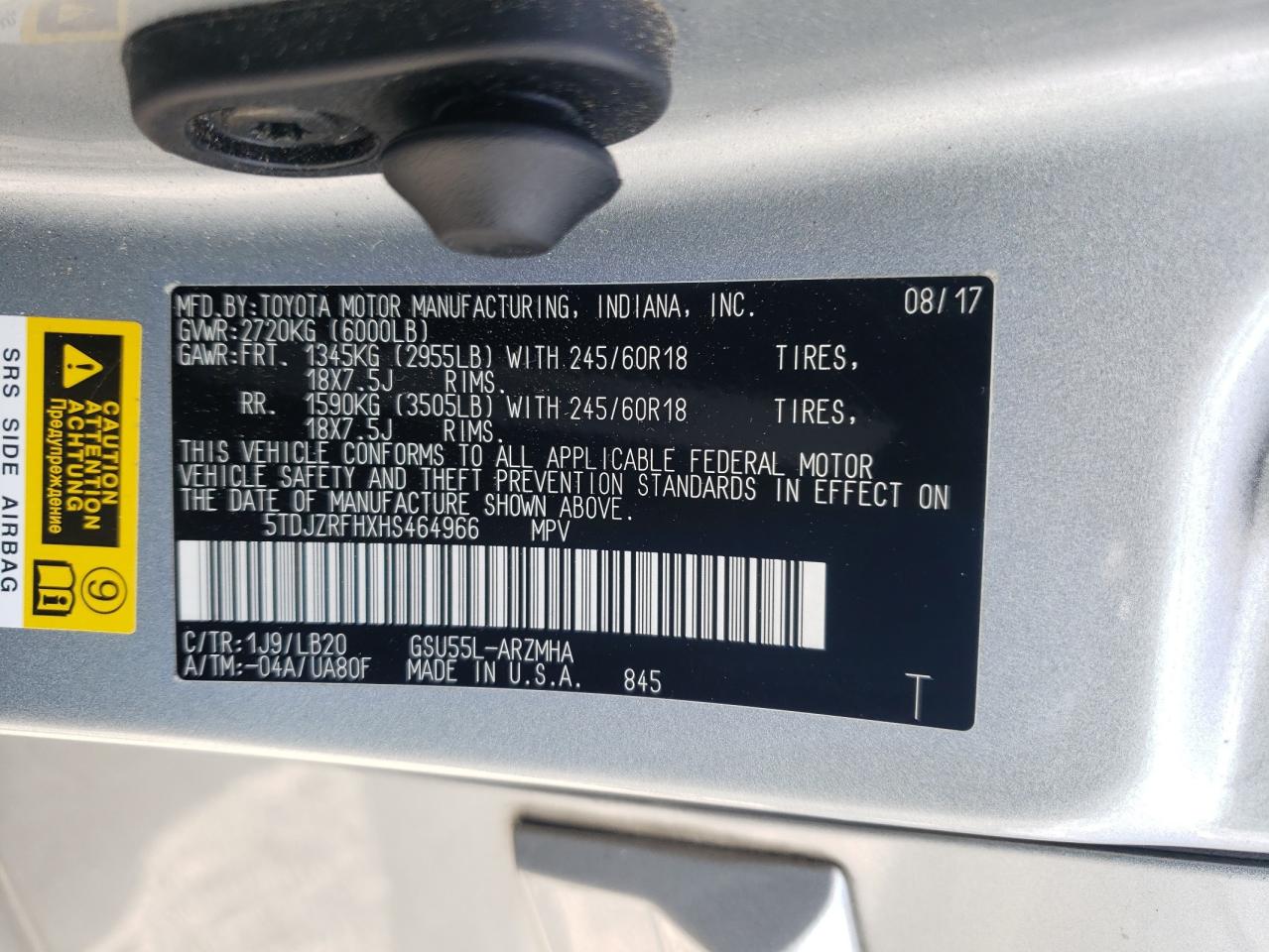 2017 Toyota Highlander Se VIN: 5TDJZRFHXHS464966 Lot: 64739515