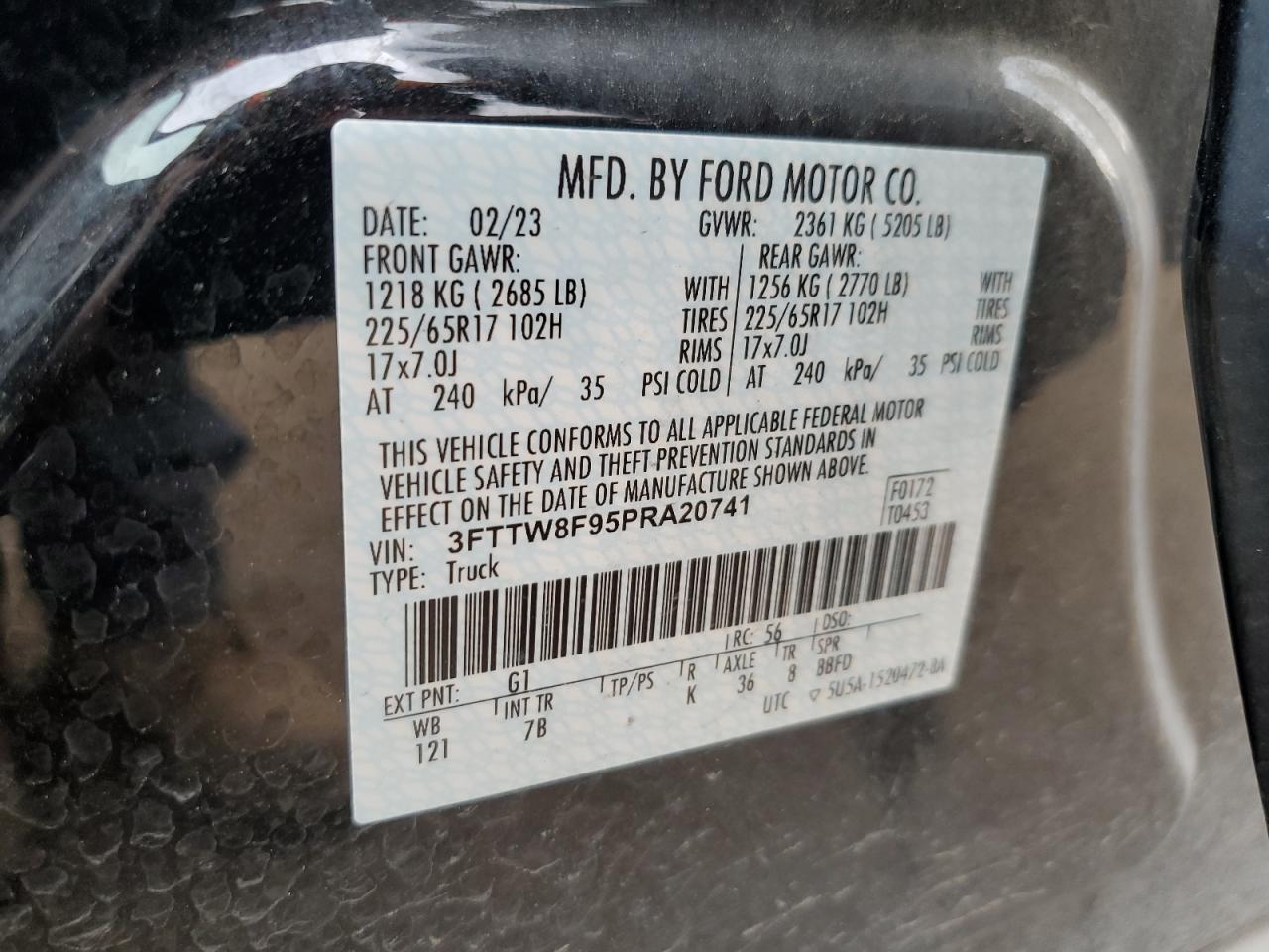 2023 Ford Maverick Xl VIN: 3FTTW8F95PRA20741 Lot: 65244485