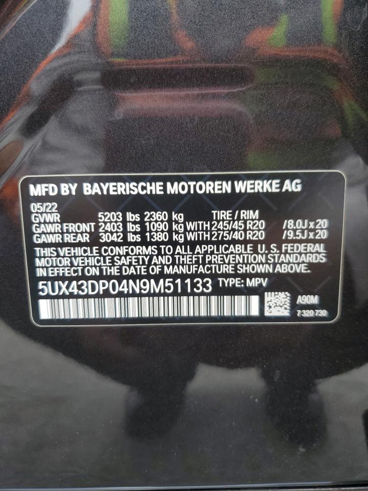 2022 BMW X3 Sdrive30I VIN: 5UX43DP04N9M51133 Lot: 64817995