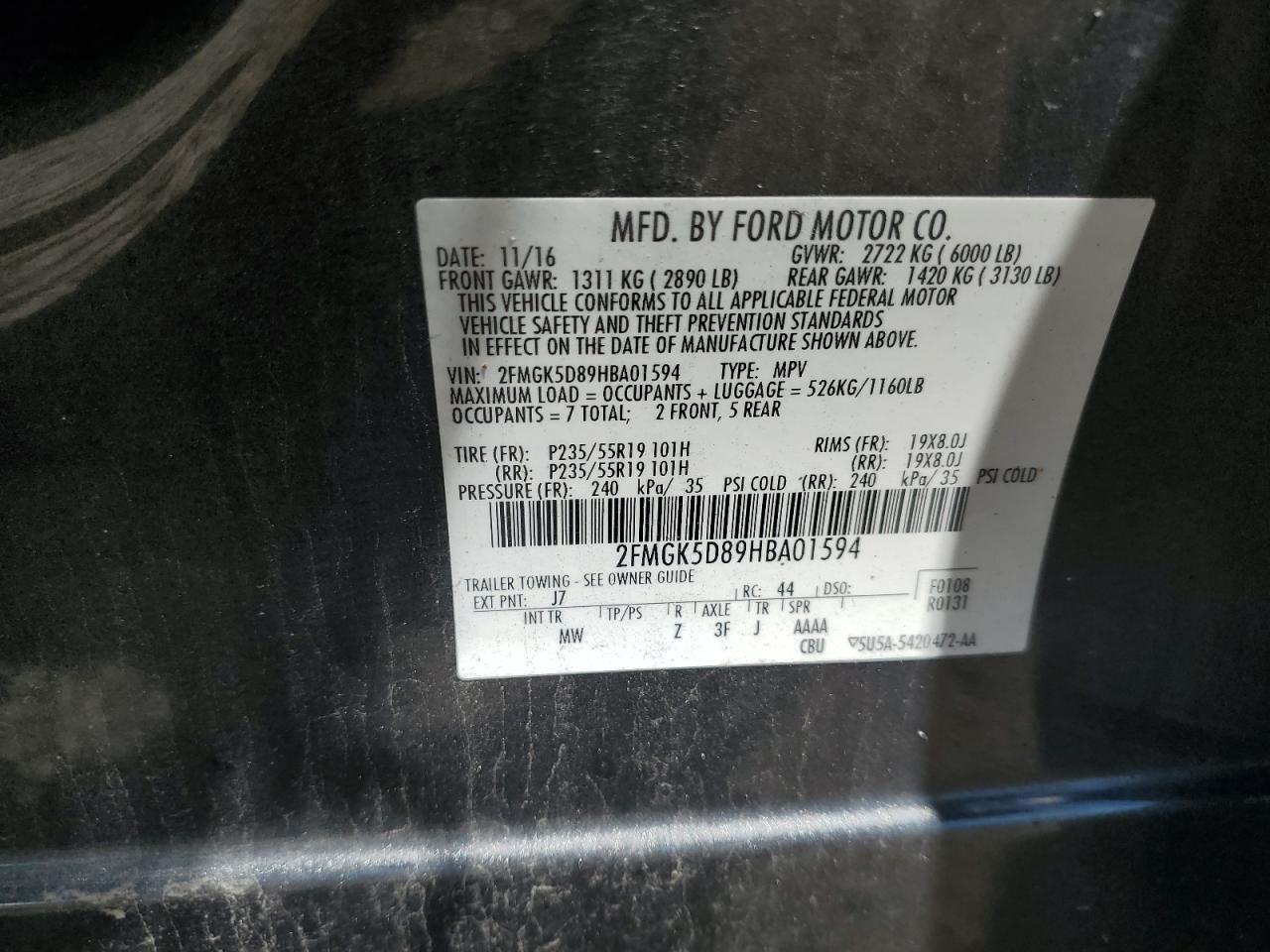 2017 Ford Flex Limited VIN: 2FMGK5D89HBA01594 Lot: 63282905