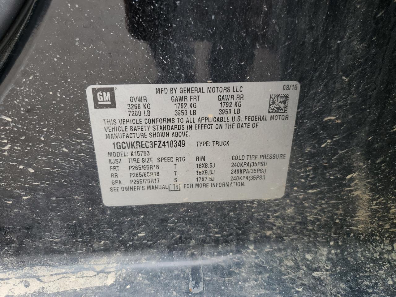 2015 Chevrolet Silverado K1500 Lt VIN: 1GCVKREC3FZ410349 Lot: 63105665