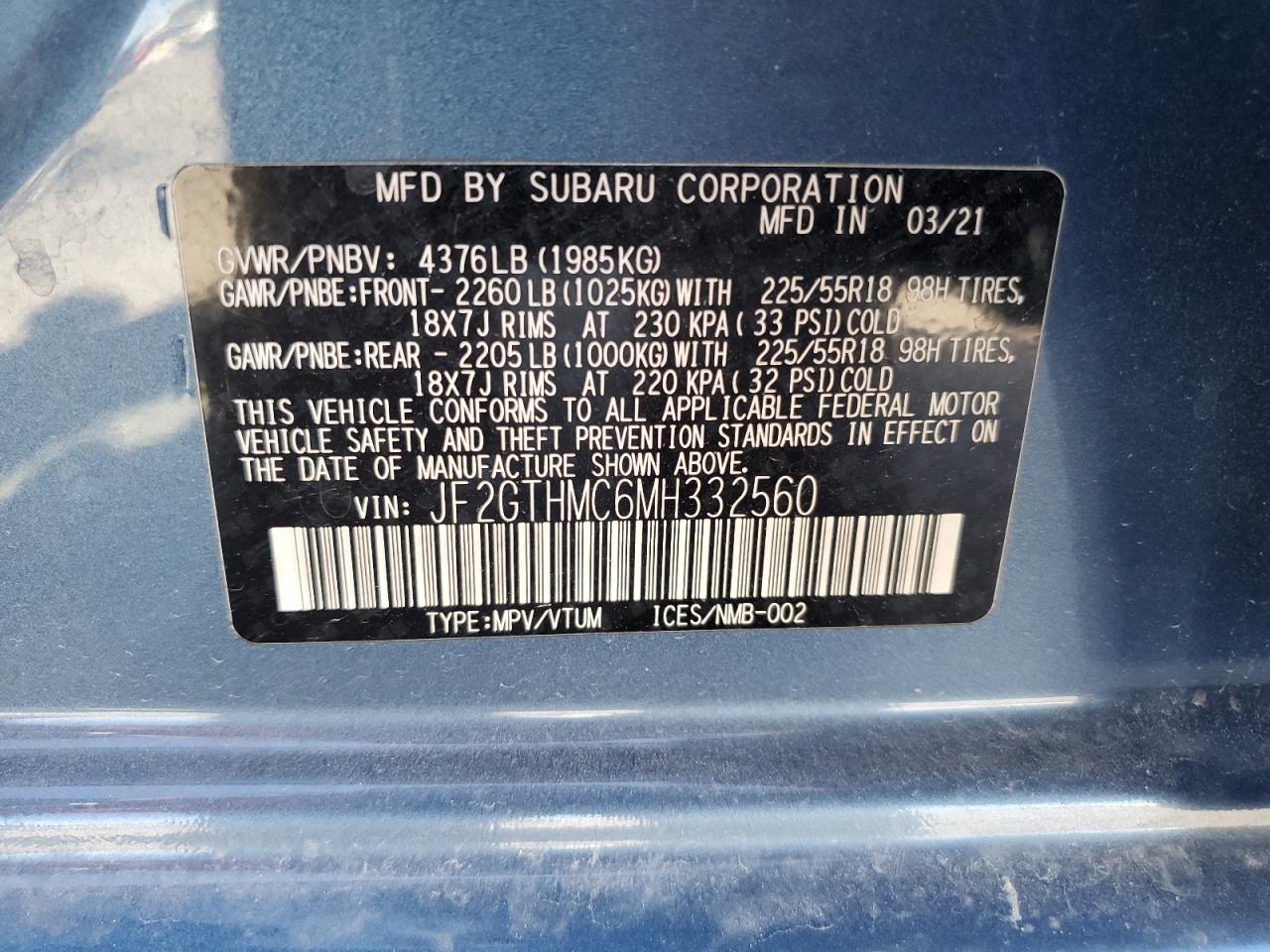 2021 Subaru Crosstrek Limited VIN: JF2GTHMC6MH332560 Lot: 64076995