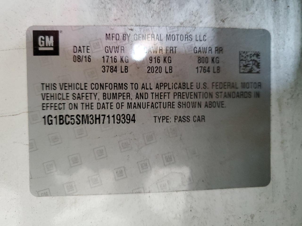 2017 Chevrolet Cruze Ls VIN: 1G1BC5SM3H7119394 Lot: 64816735