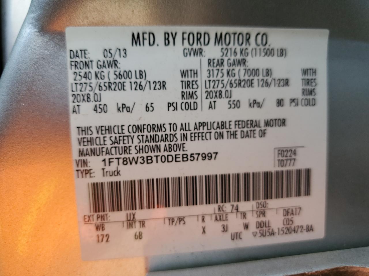 2013 Ford F350 Super Duty VIN: 1FT8W3BT0DEB57997 Lot: 63512055
