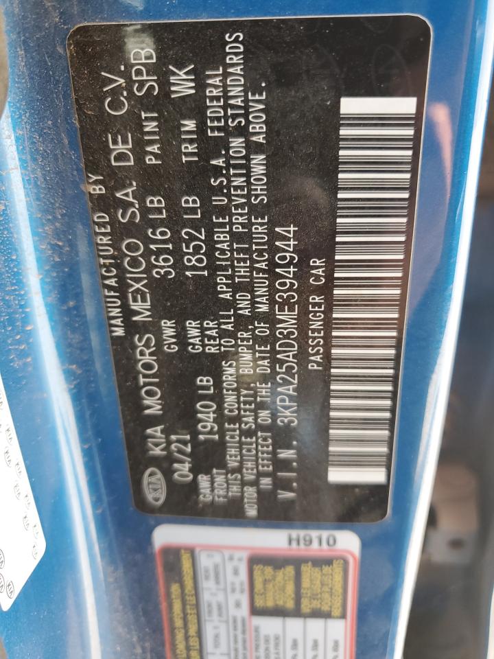 2021 Kia Rio S VIN: 3KPA25AD3ME394944 Lot: 65257155