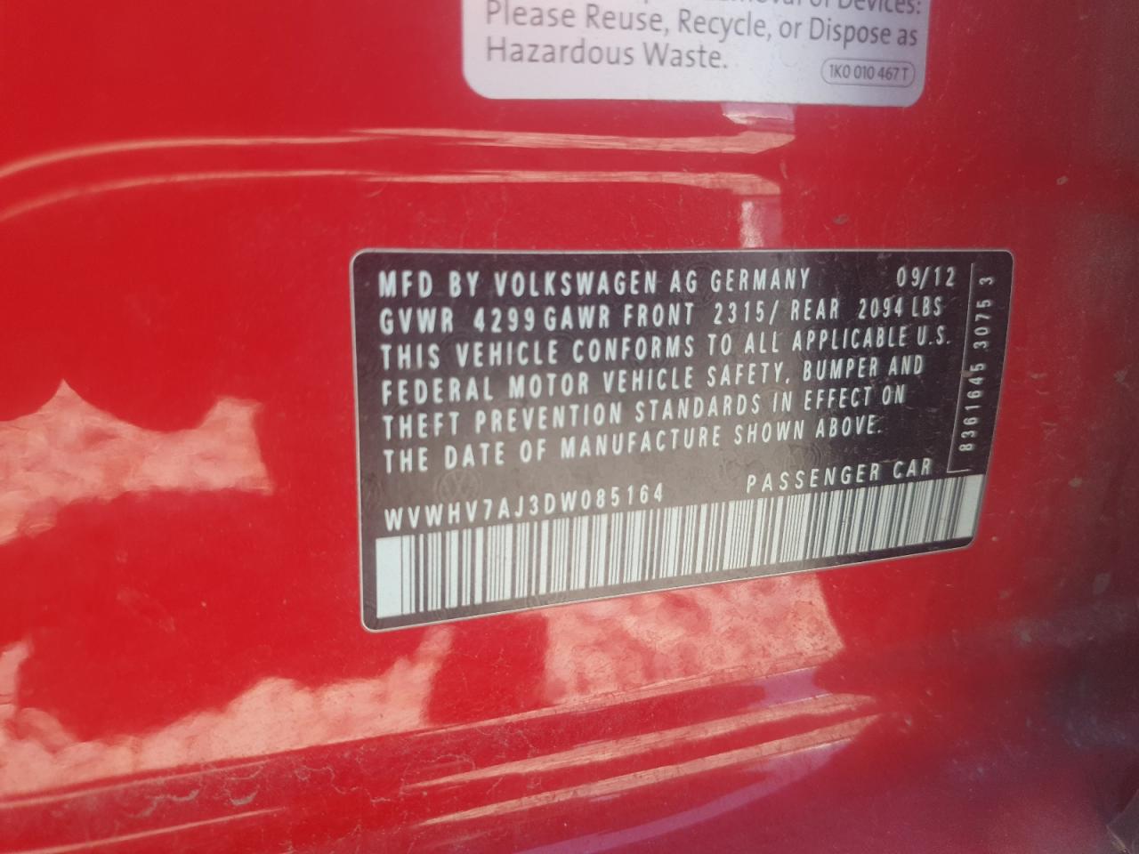 2013 Volkswagen Gti VIN: WVWHV7AJ3DW085164 Lot: 66327885