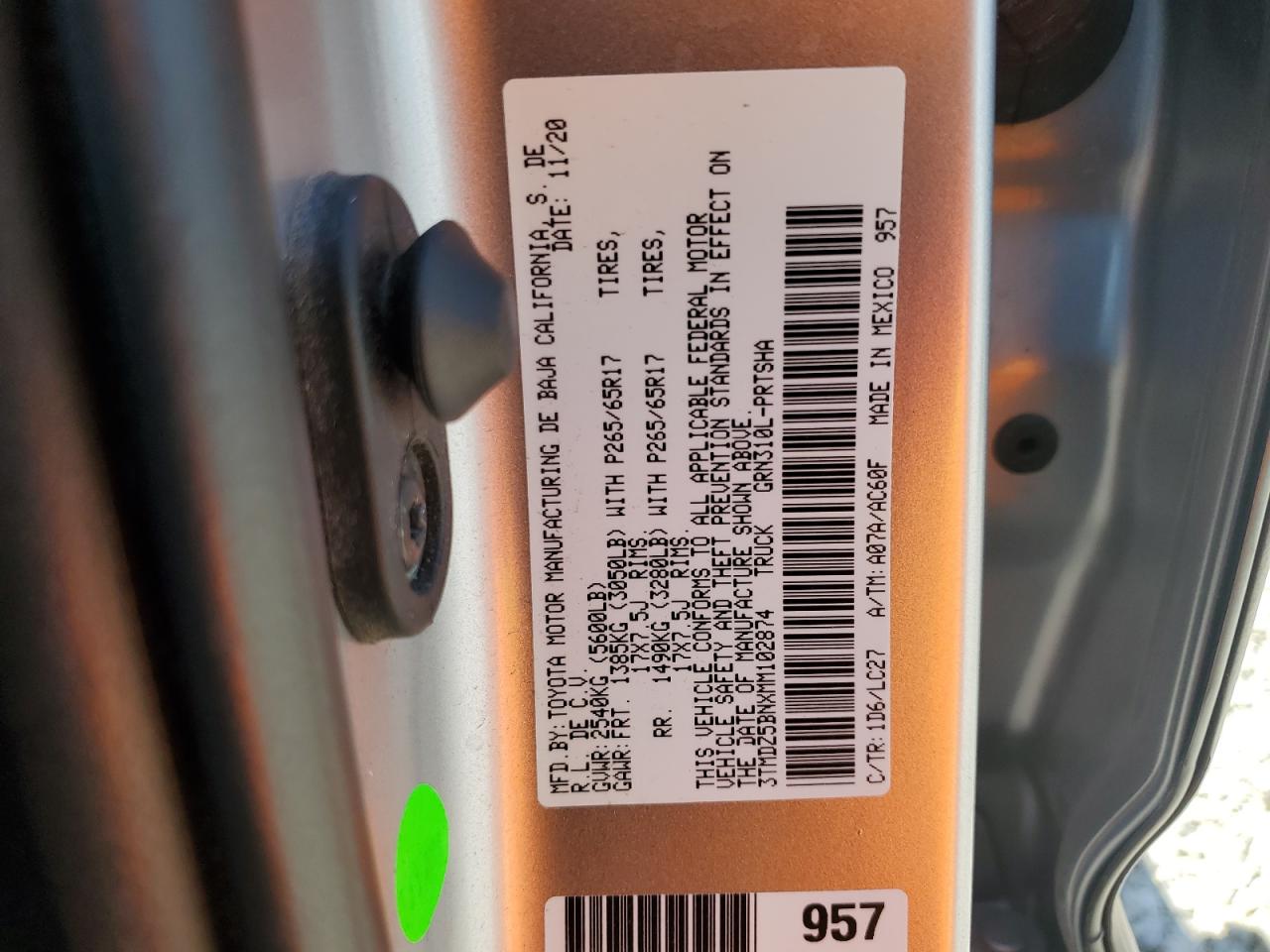 2021 Toyota Tacoma Double Cab VIN: 3TMDZ5BNXMM102874 Lot: 64859485