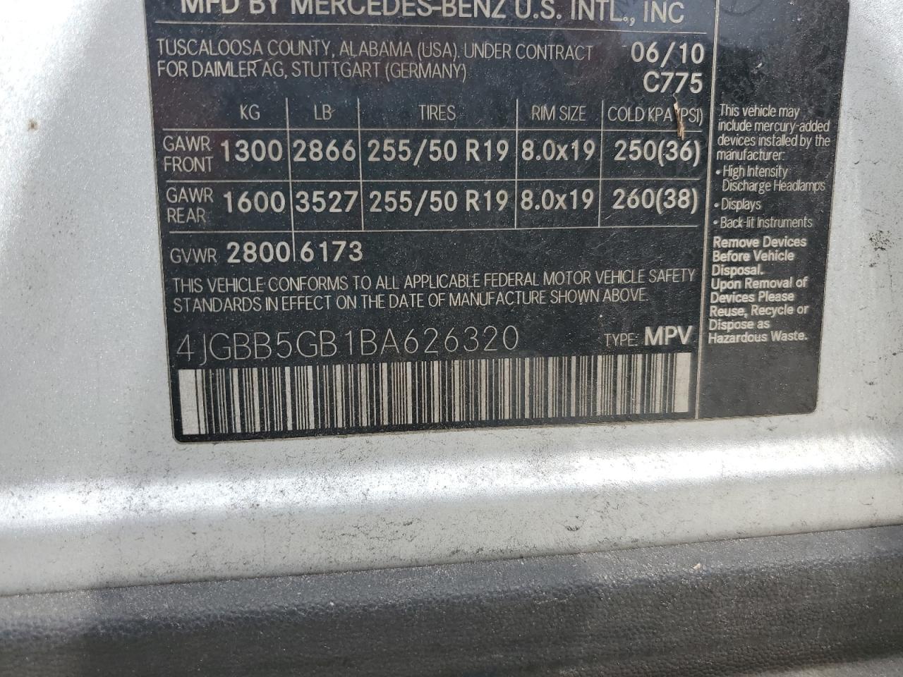 2011 Mercedes-Benz Ml 350 VIN: 4JGBB5GB1BA626320 Lot: 64332365