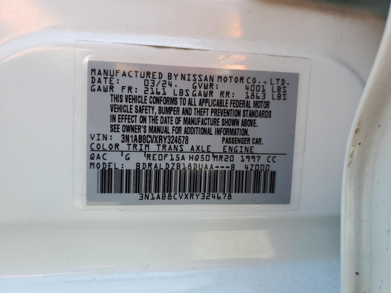 2024 Nissan Sentra Sv VIN: 3N1AB8CVXRY324678 Lot: 65365675