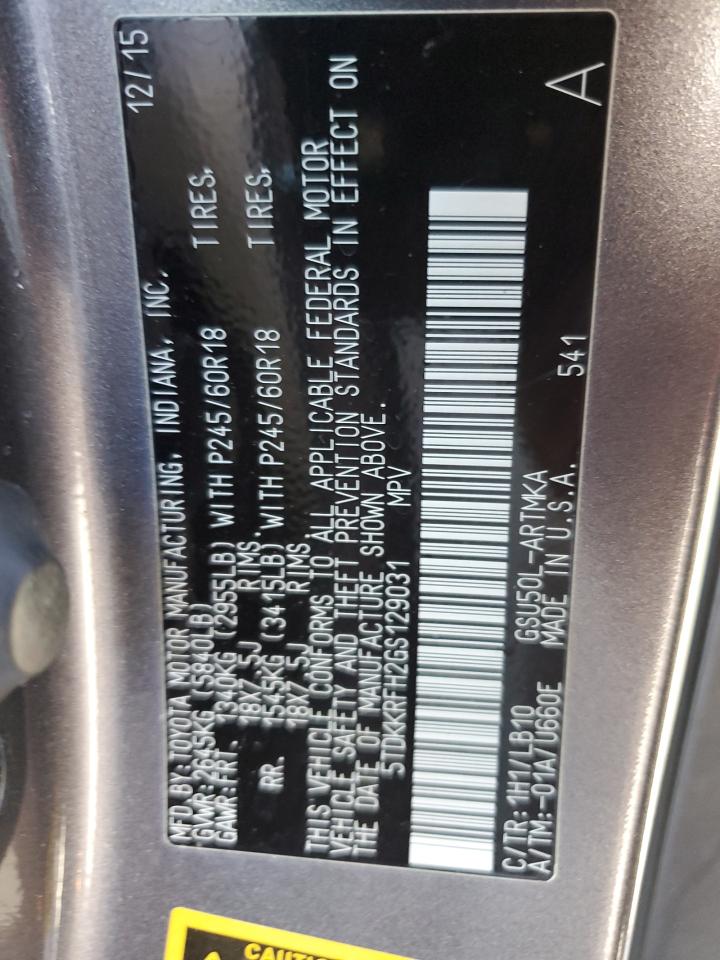 2016 Toyota Highlander Xle VIN: 5TDKKRFH2GS129031 Lot: 65219765