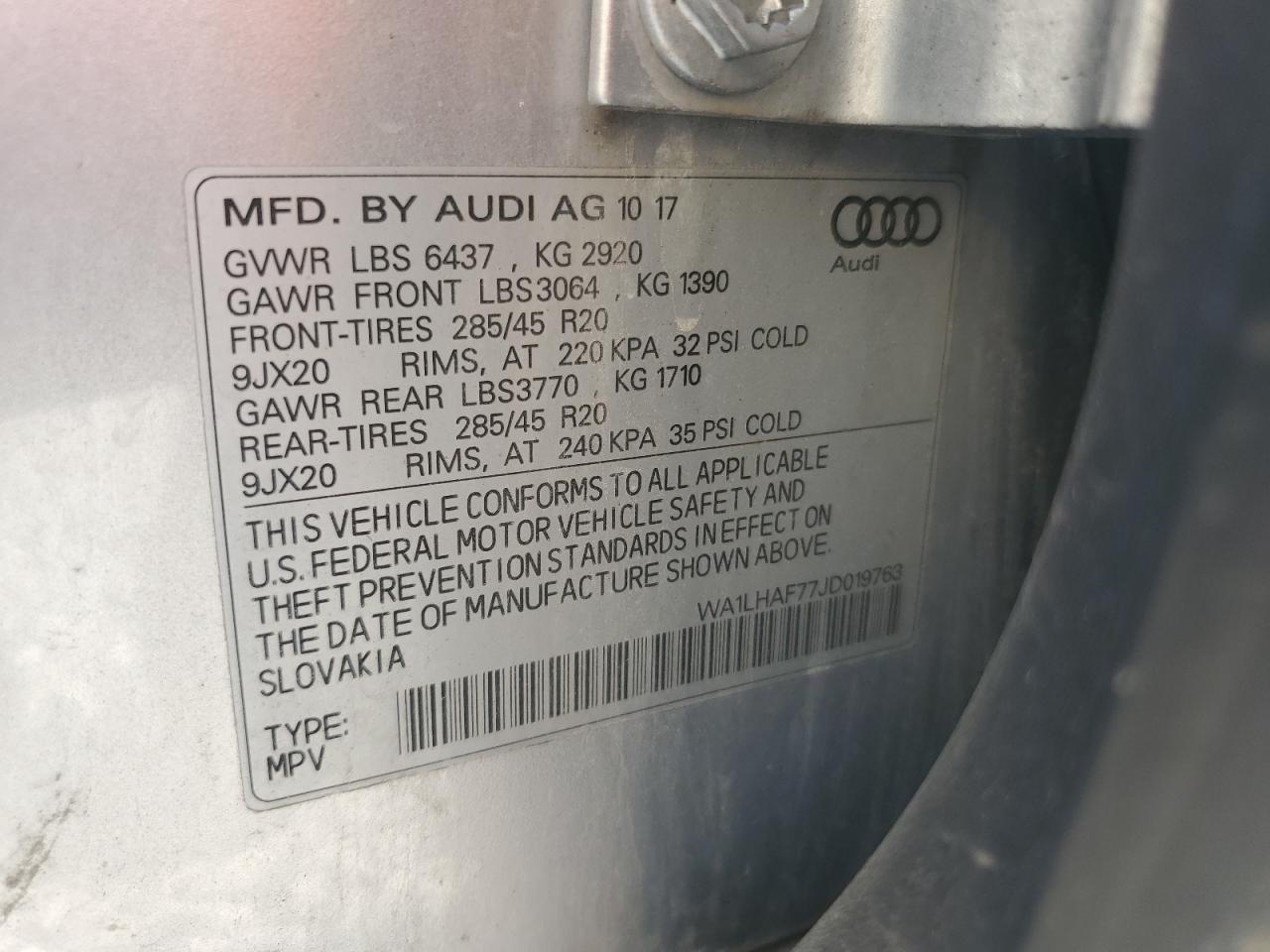 2018 Audi Q7 Premium Plus VIN: WA1LHAF77JD019763 Lot: 63597005