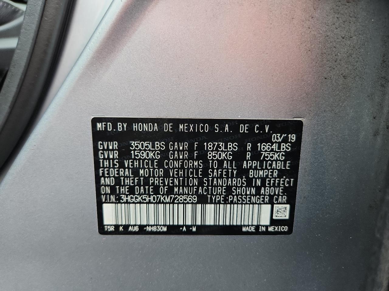 2019 Honda Fit Exl VIN: 3HGGK5H07KM728569 Lot: 63850685