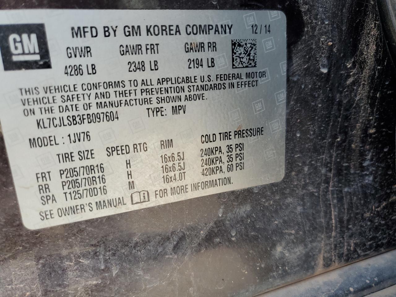 2015 Chevrolet Trax 1Lt VIN: KL7CJLSB3FB097604 Lot: 65750735