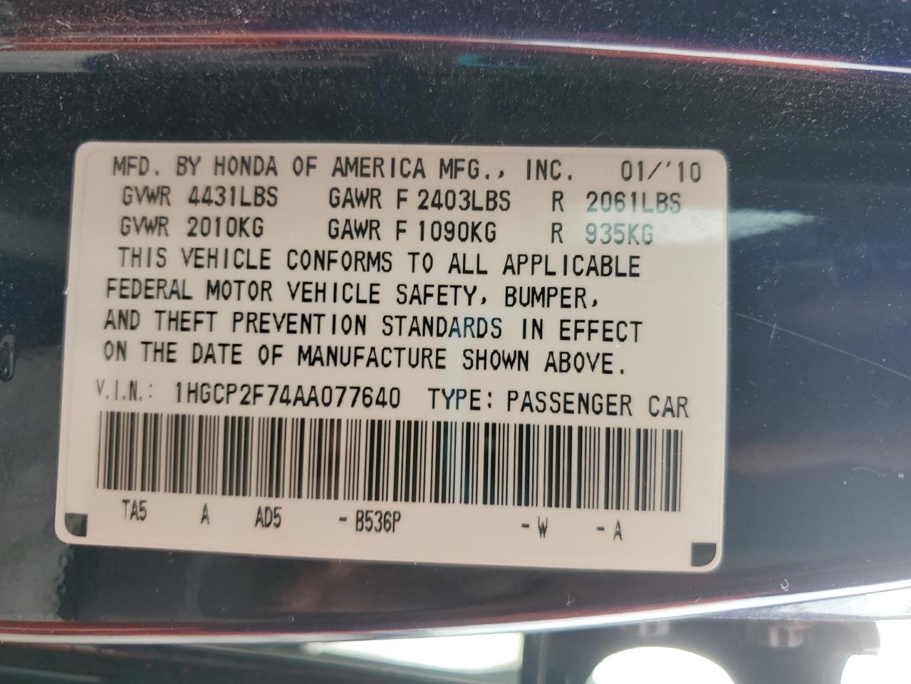 2010 Honda Accord Ex VIN: 1HGCP2F74AA077640 Lot: 64659485