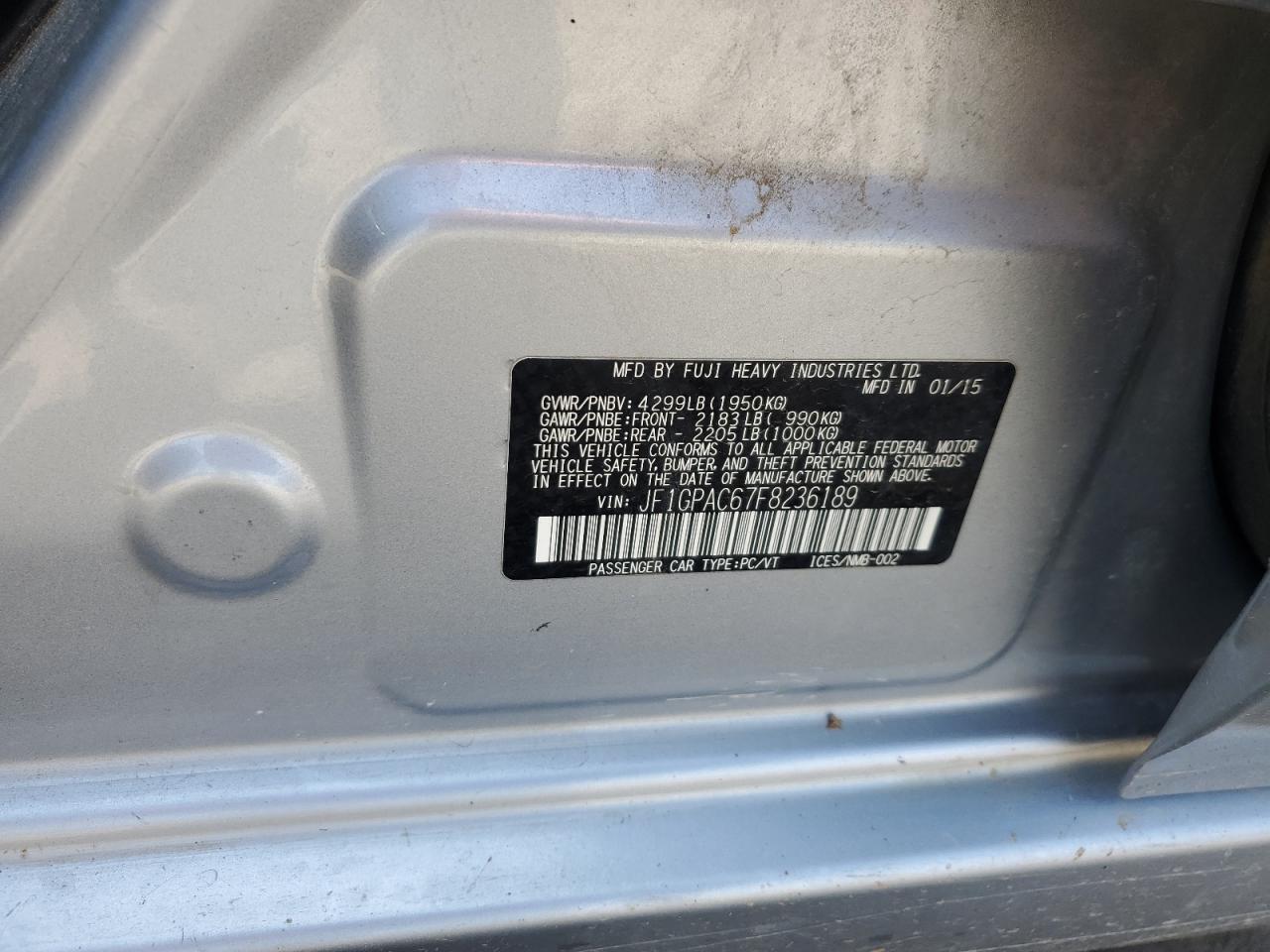 2015 Subaru Impreza Premium VIN: JF1GPAC67F8236189 Lot: 64227095