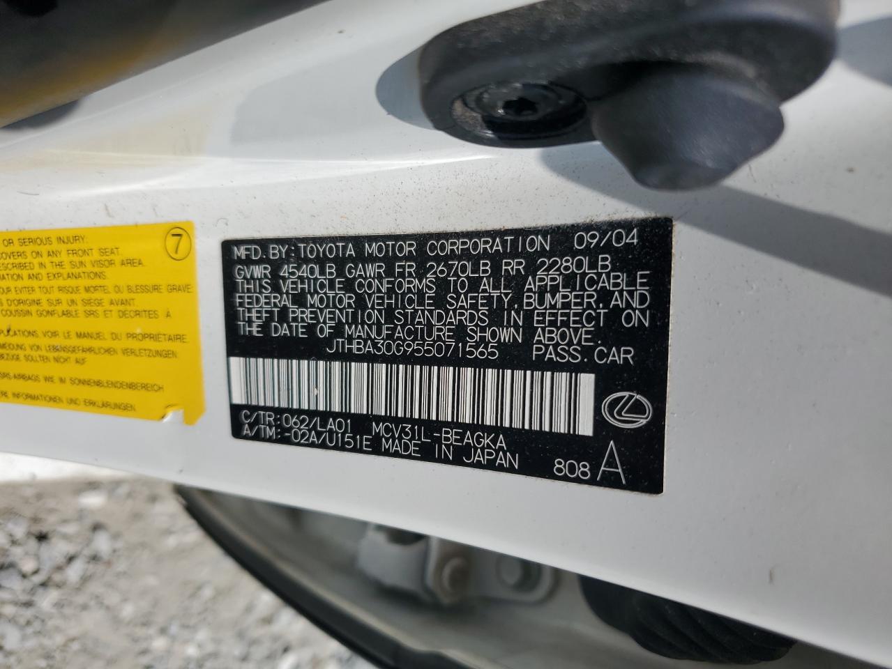 2005 Lexus Es 330 VIN: JTHBA30G955071565 Lot: 63452705