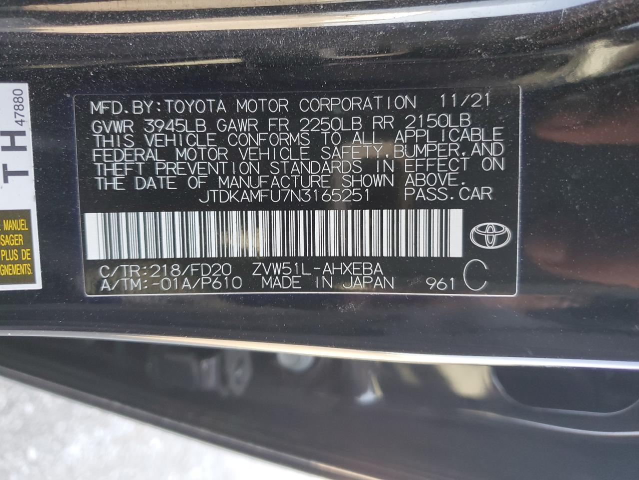 2022 Toyota Prius Night Shade VIN: JTDKAMFU7N3165251 Lot: 64997185
