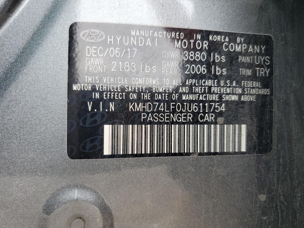 2018 Hyundai Elantra Se VIN: KMHD74LF0JU611754 Lot: 64873085