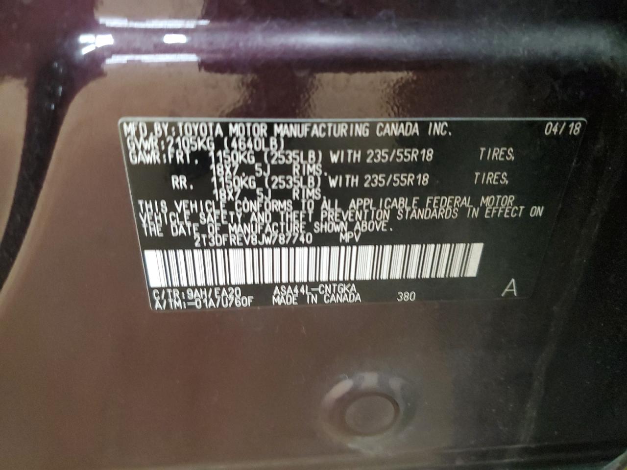 2018 Toyota Rav4 Limited VIN: 2T3DFREV8JW787740 Lot: 64363155