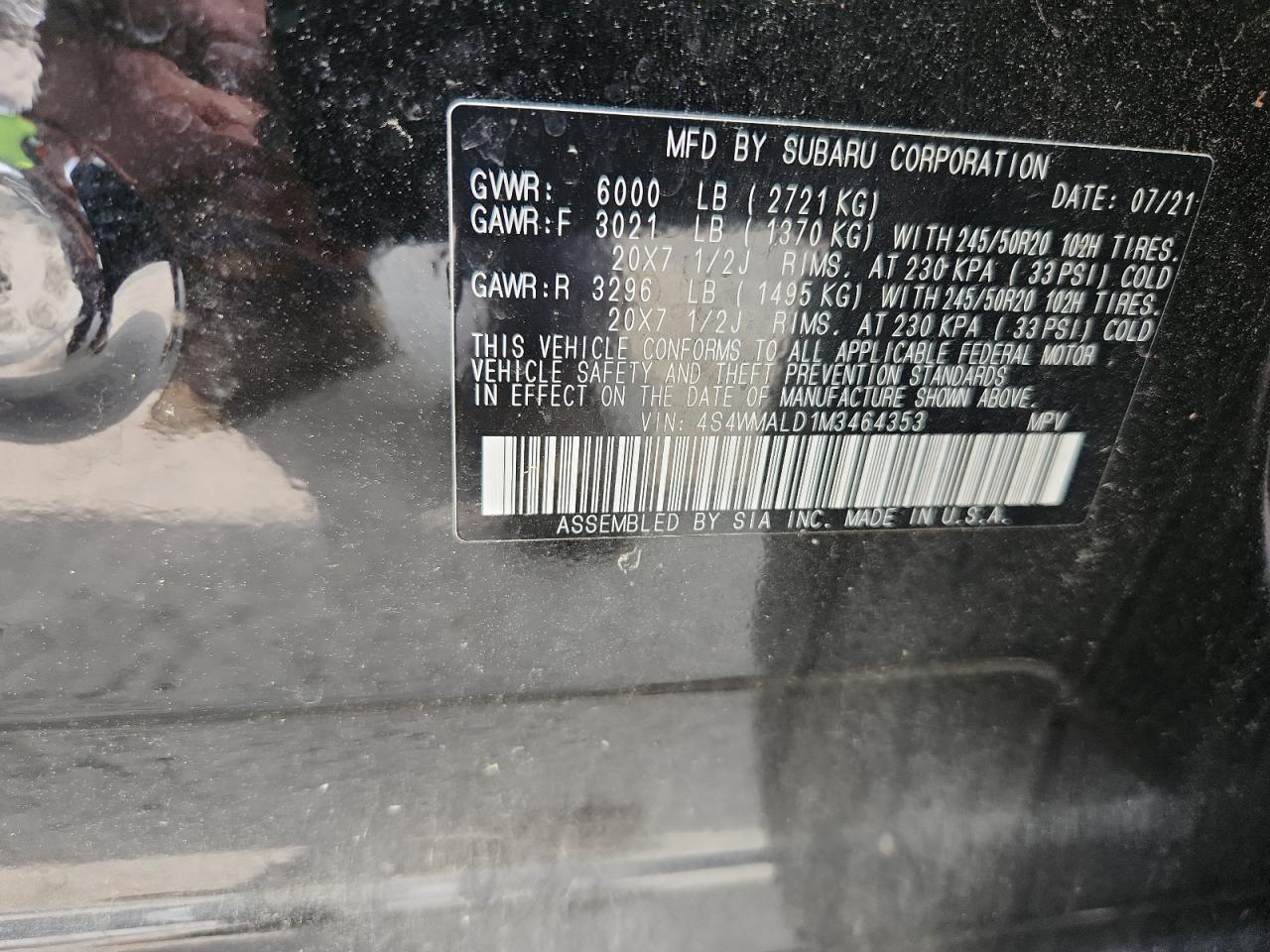 2021 Subaru Ascent Limited VIN: 4S4WMALD1M3464353 Lot: 63212285