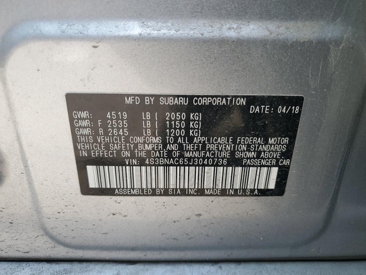 2018 Subaru Legacy 2.5I Premium VIN: 4S3BNAC65J3040736 Lot: 64175195