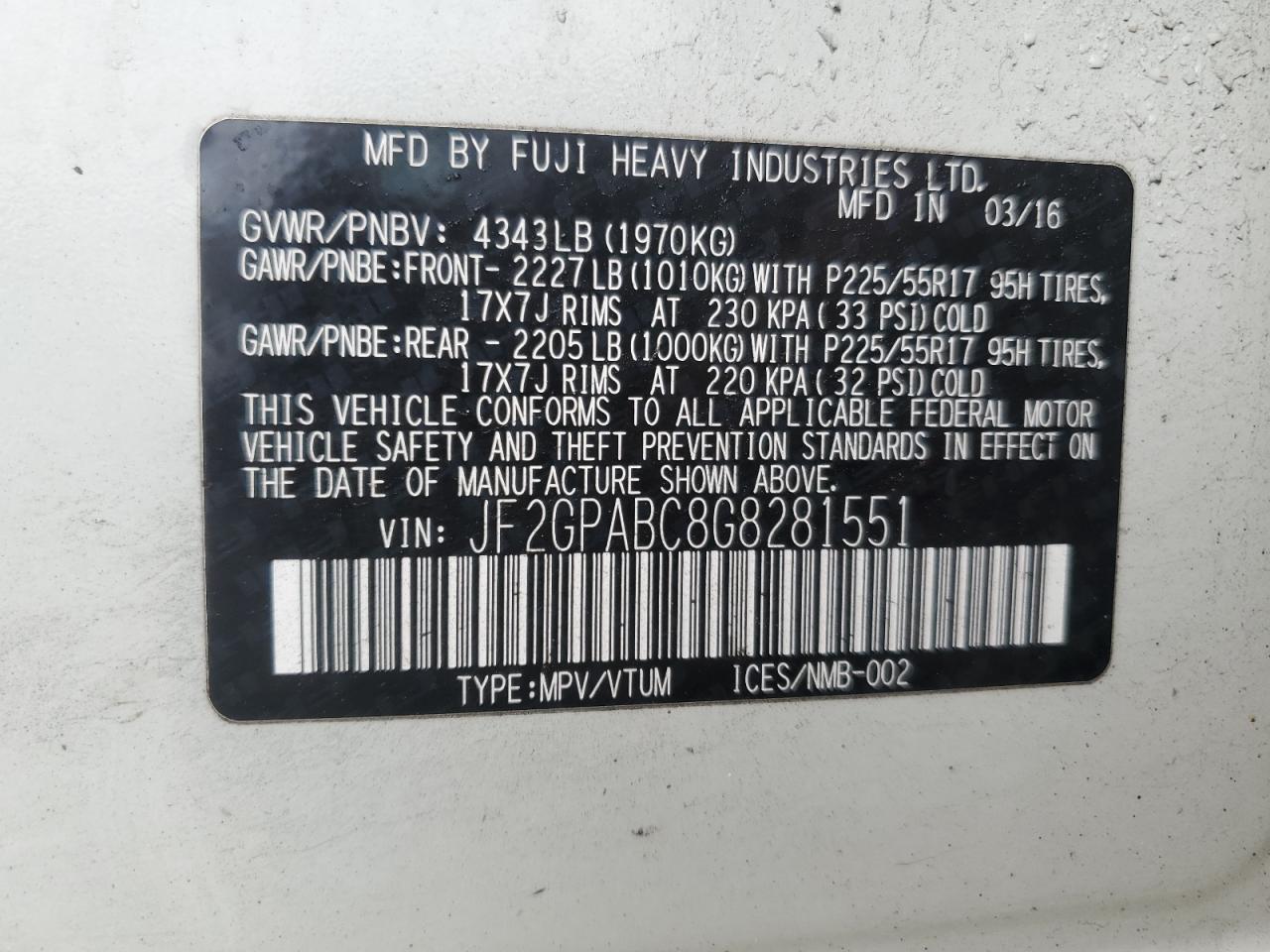 2016 Subaru Crosstrek Premium VIN: JF2GPABC8G8281551 Lot: 63400255