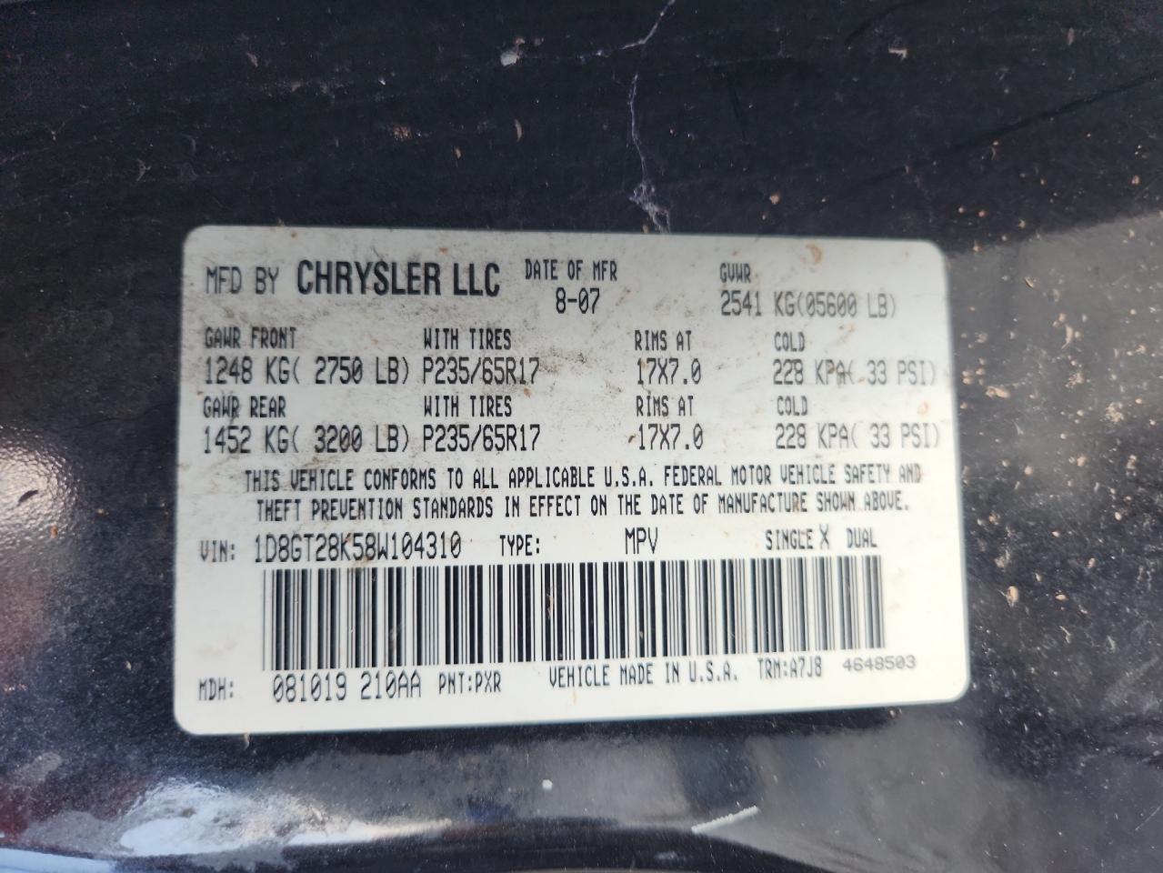 2008 Dodge Nitro Sxt VIN: 1D8GT28K58W104310 Lot: 65250315