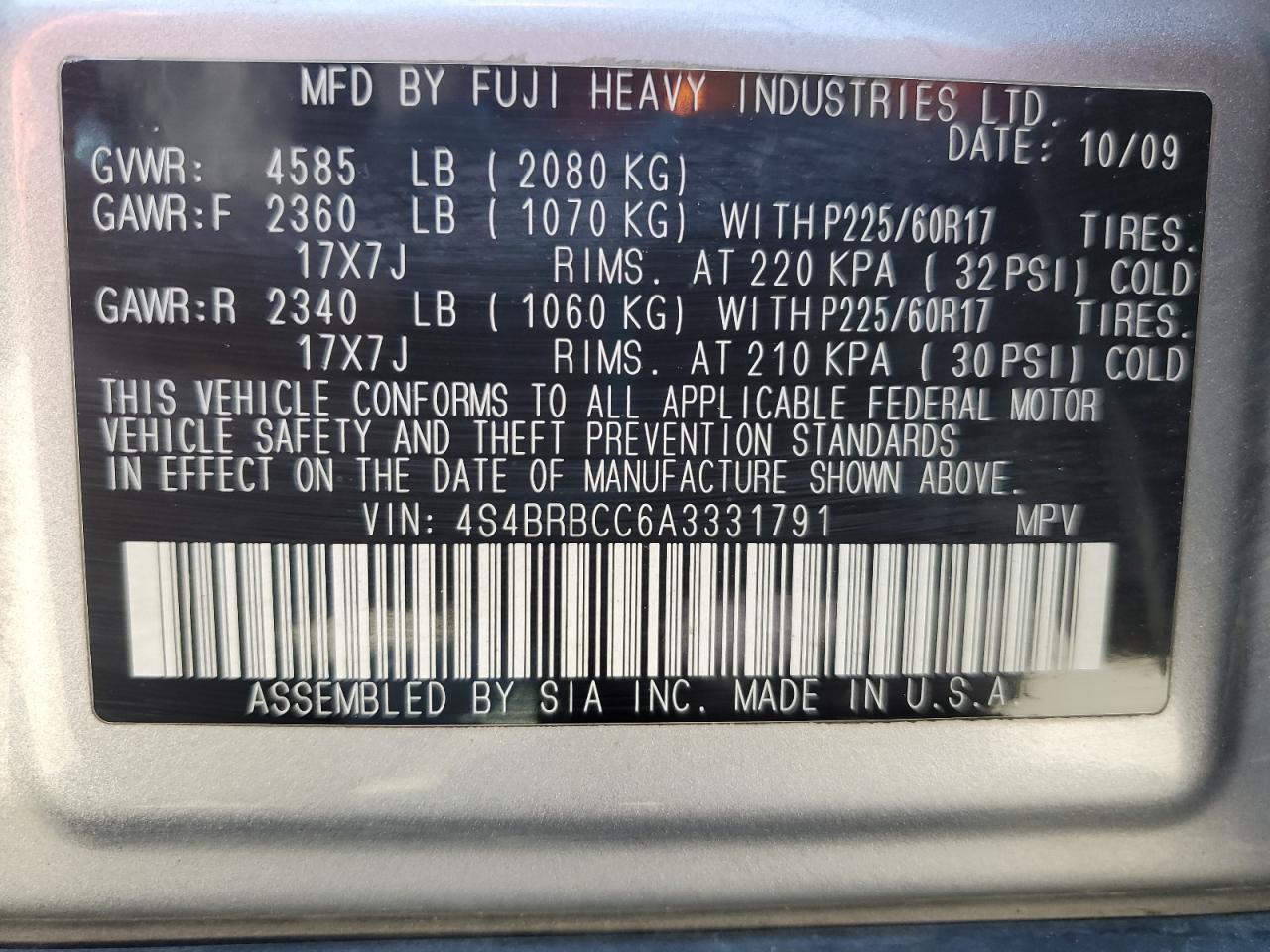 2010 Subaru Outback 2.5I Premium VIN: 4S4BRBCC6A3331791 Lot: 63138195