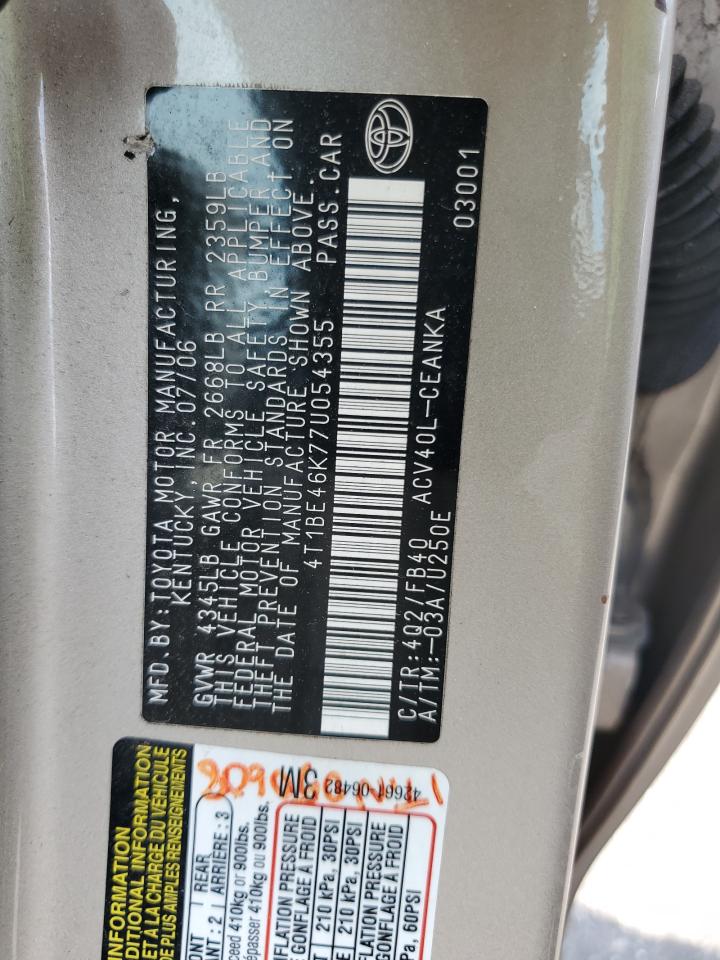 2007 Toyota Camry Ce VIN: 4T1BE46K77U054355 Lot: 63407105