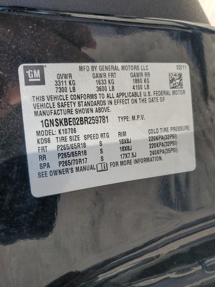 2011 Chevrolet Tahoe K1500 Lt VIN: 1GNSKBE02BR259781 Lot: 65329555