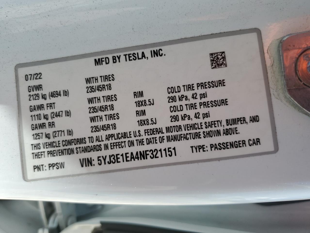 5yj3e1ea4nf321151 5YJ3E1EA4NF321151 2022 Tesla Model 3