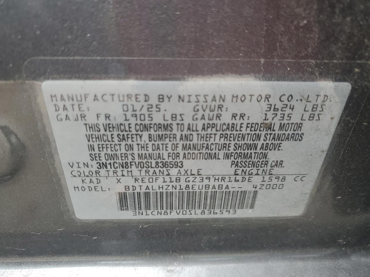 2025 Nissan Versa Sr VIN: 3N1CN8FV0SL836593 Lot: 64072275