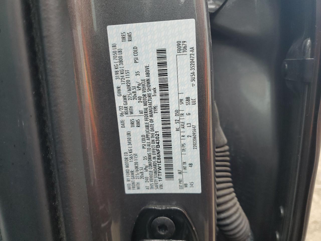 2022 Ford F150 Supercrew VIN: 1FTFW1E86NFB43021 Lot: 64861135