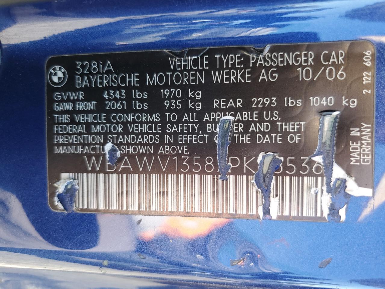 wbawv13587pk48536 WBAWV13587PK48536 2007 BMW 328 I Sulev