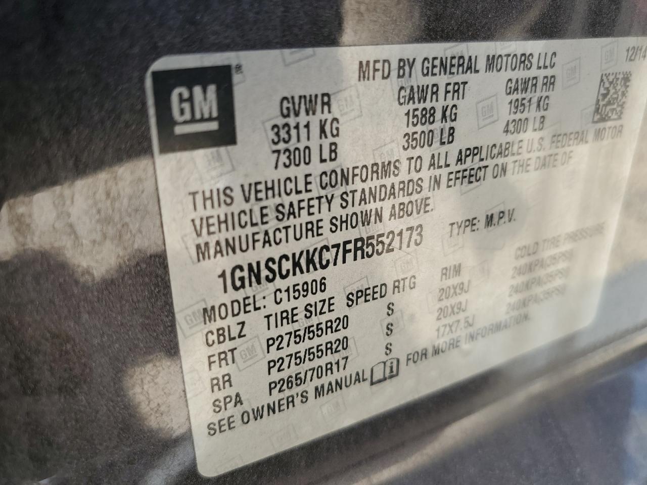 2015 Chevrolet Suburban C1500 Ltz VIN: 1GNSCKKC7FR552173 Lot: 63483995