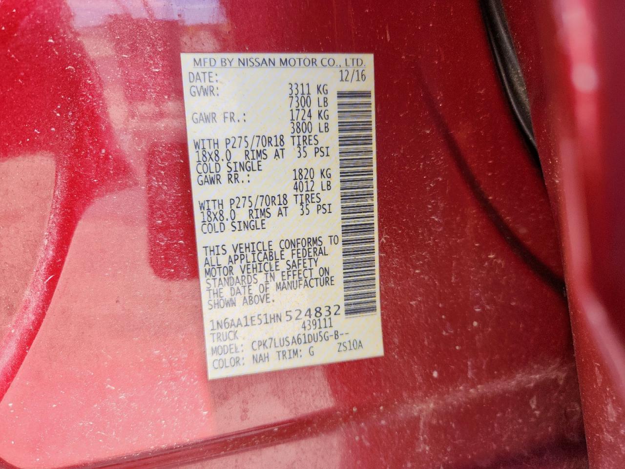 2017 Nissan Titan Sv VIN: 1N6AA1E51HN524832 Lot: 63772305