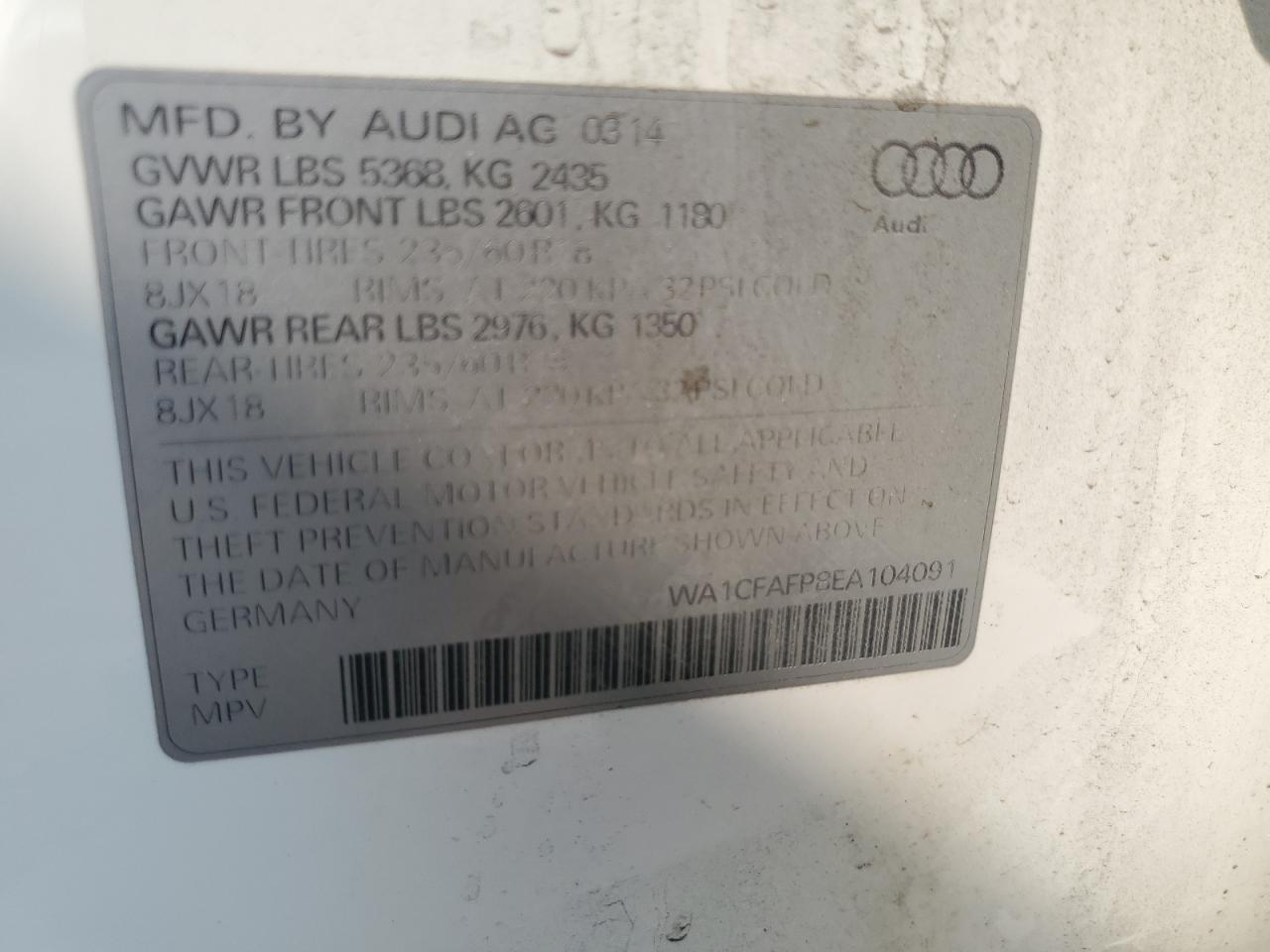 2014 Audi Q5 Premium VIN: WA1CFAFP8EA104091 Lot: 63799005