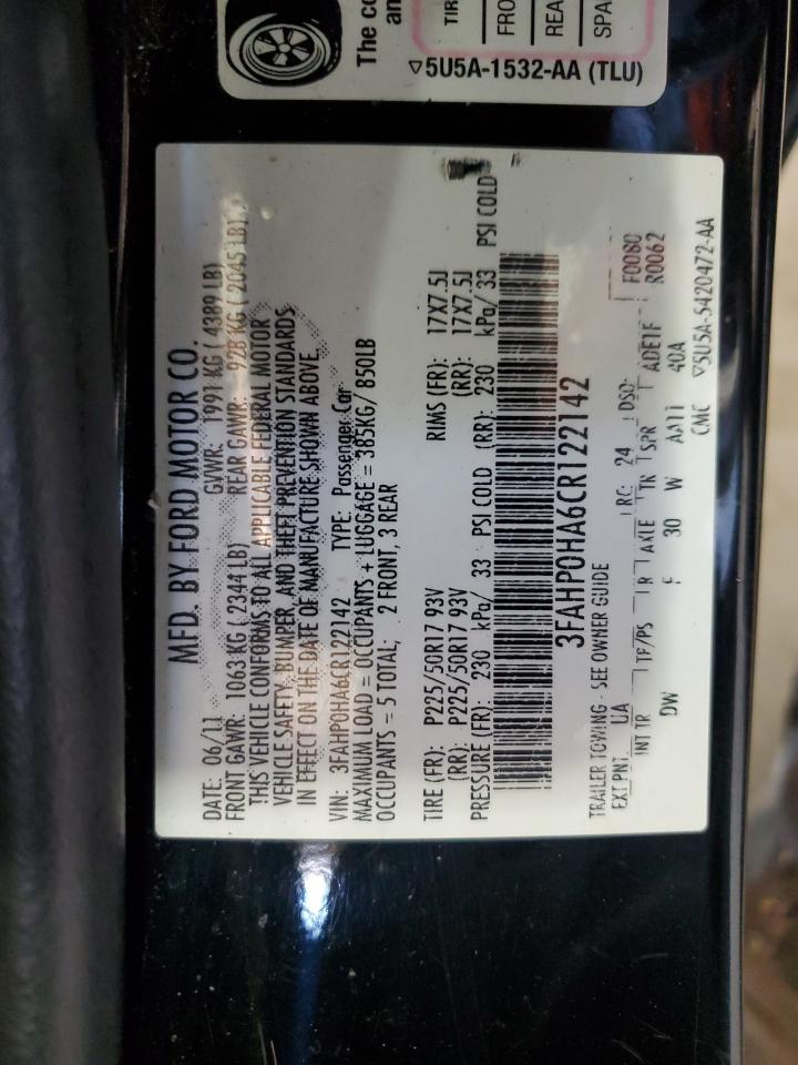 2012 Ford Fusion Se VIN: 3FAHP0HA6CR122142 Lot: 65854865