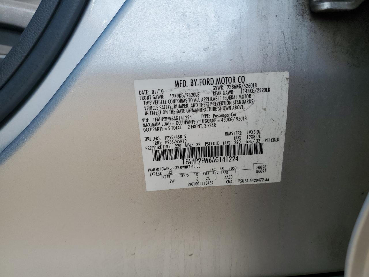 2010 Ford Taurus Limited VIN: 1FAHP2FW6AG141224 Lot: 65082405