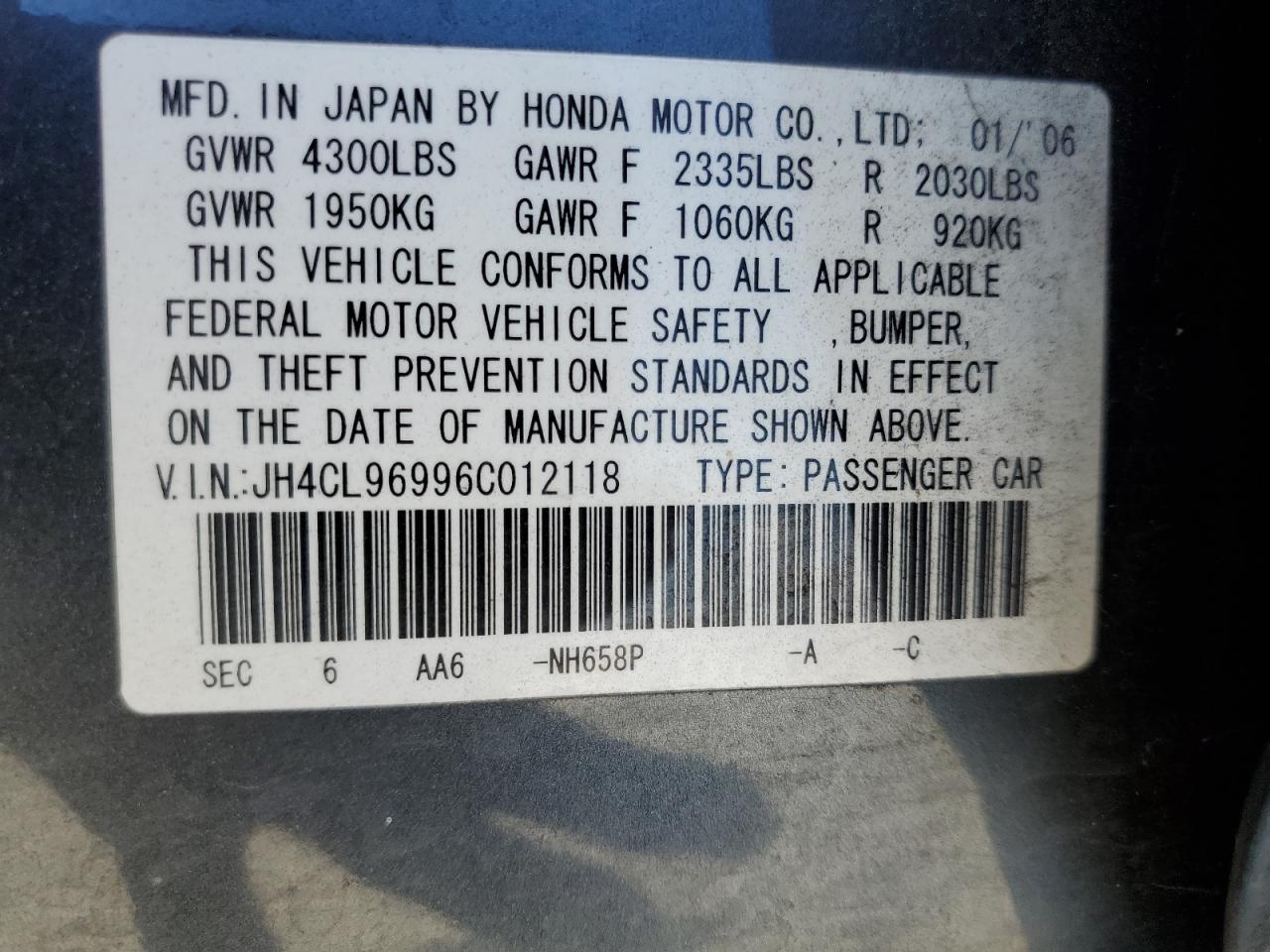 2006 Acura Tsx VIN: JH4CL96996C012118 Lot: 65287995