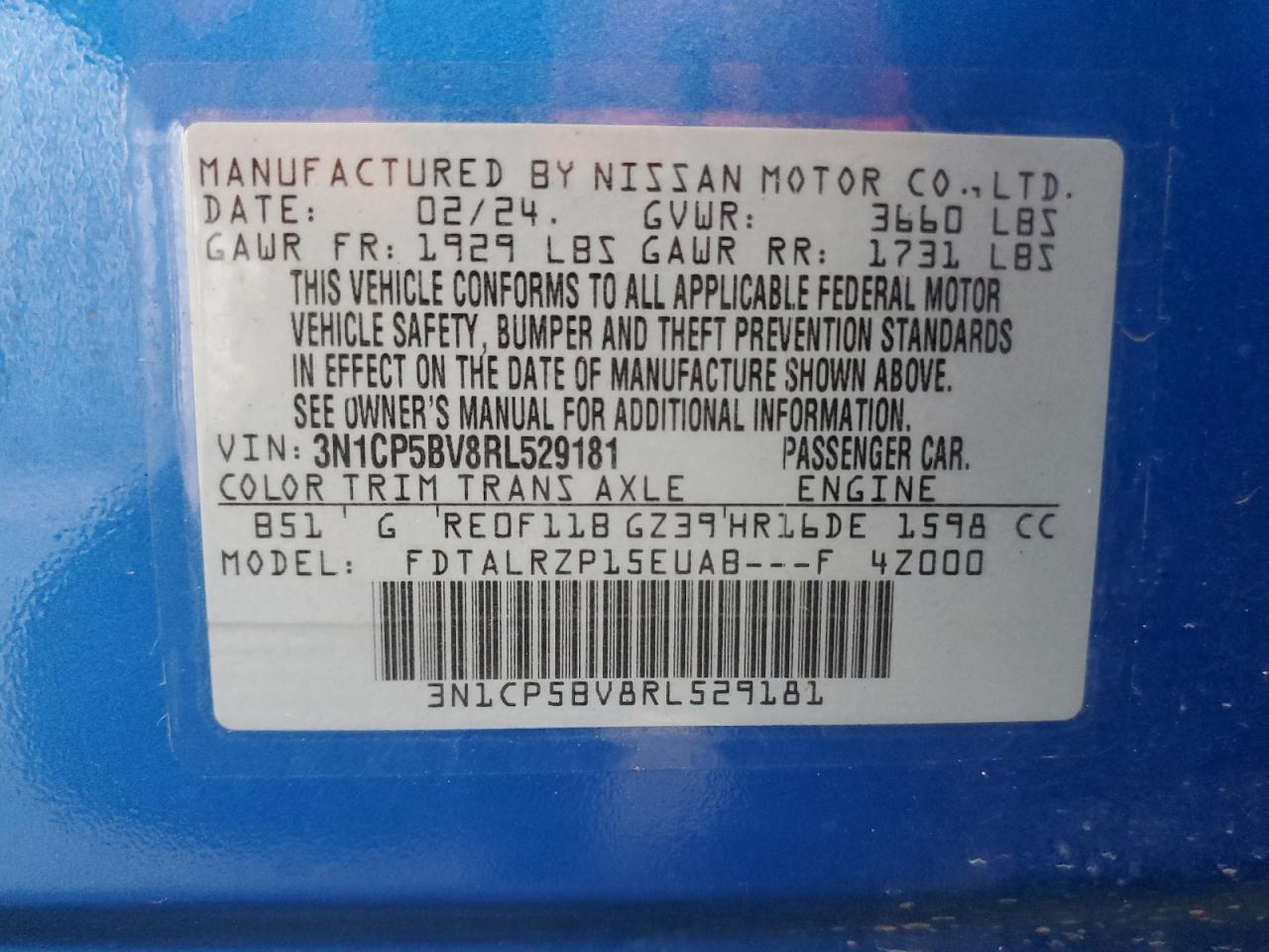 2024 Nissan Kicks S VIN: 3N1CP5BV8RL529181 Lot: 64052375