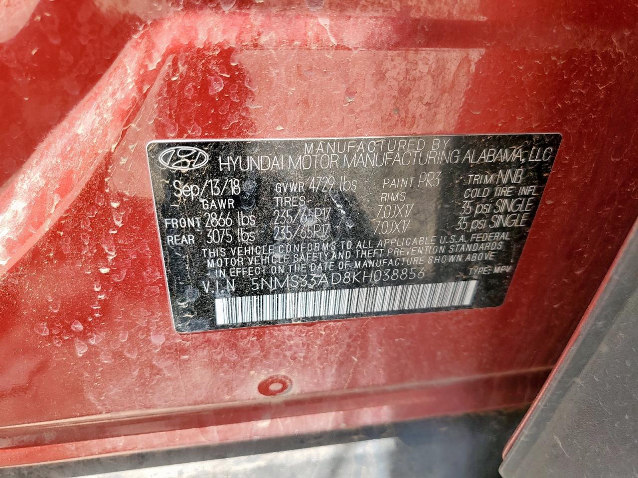 2019 Hyundai Santa Fe Sel VIN: 5NMS33AD8KH038856 Lot: 64995995