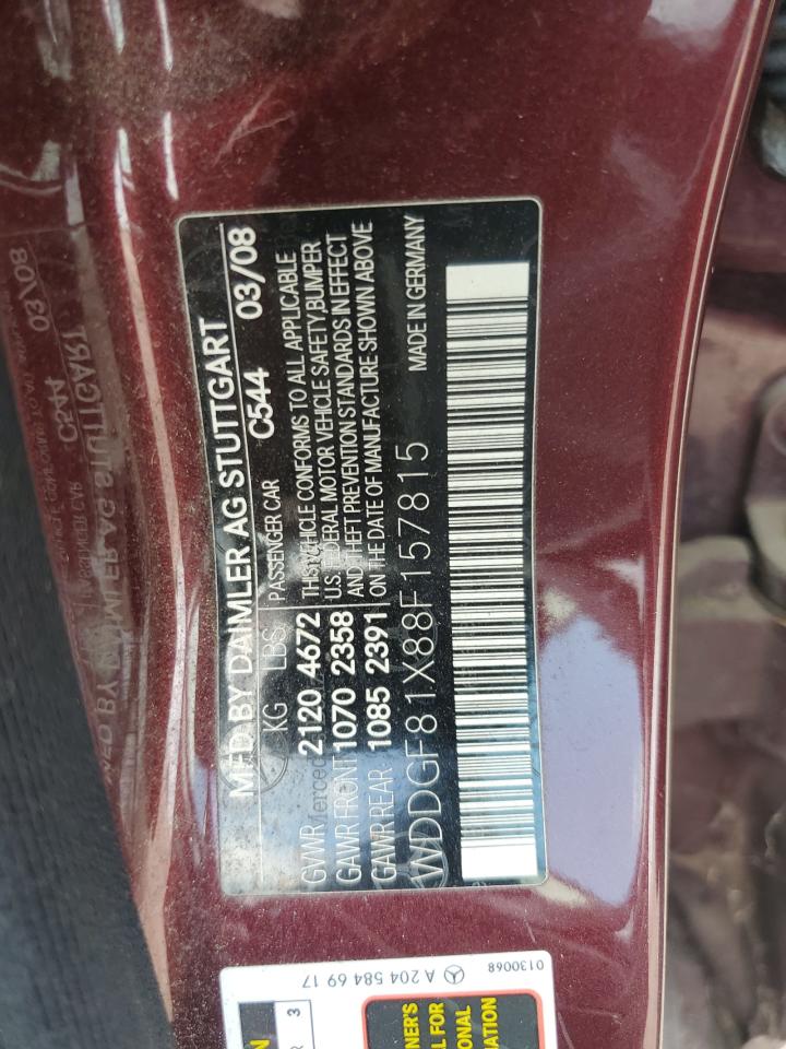 2008 Mercedes-Benz C 300 4Matic VIN: WDDGF81X88F157815 Lot: 63350135