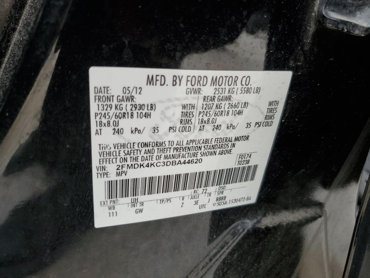 2013 Ford Edge Limited VIN: 2FMDK4KC3DBA44620 Lot: 65607735