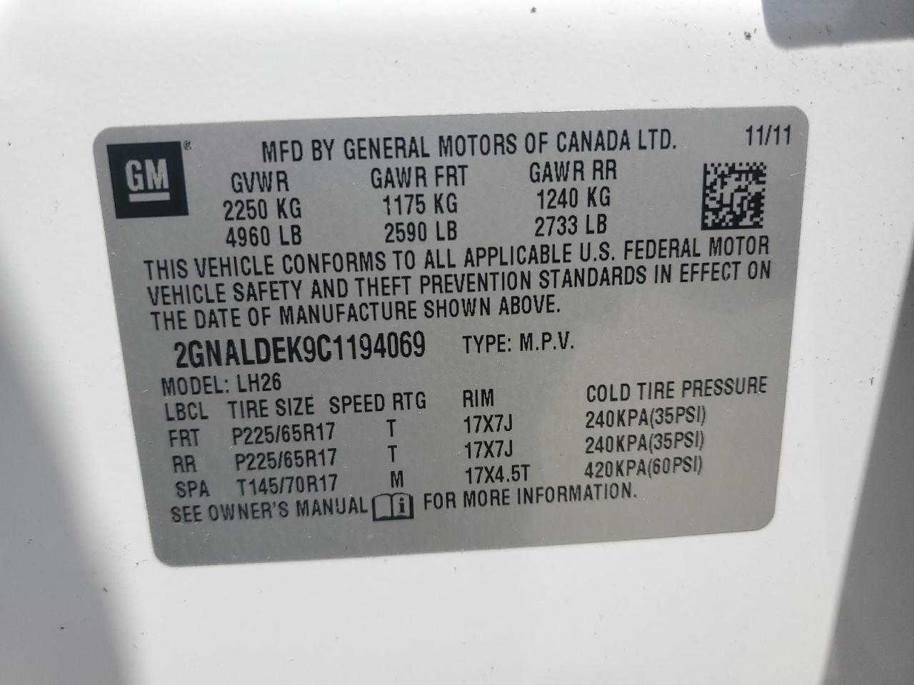 2012 Chevrolet Equinox Lt VIN: 2GNALDEK9C1194069 Lot: 63107515