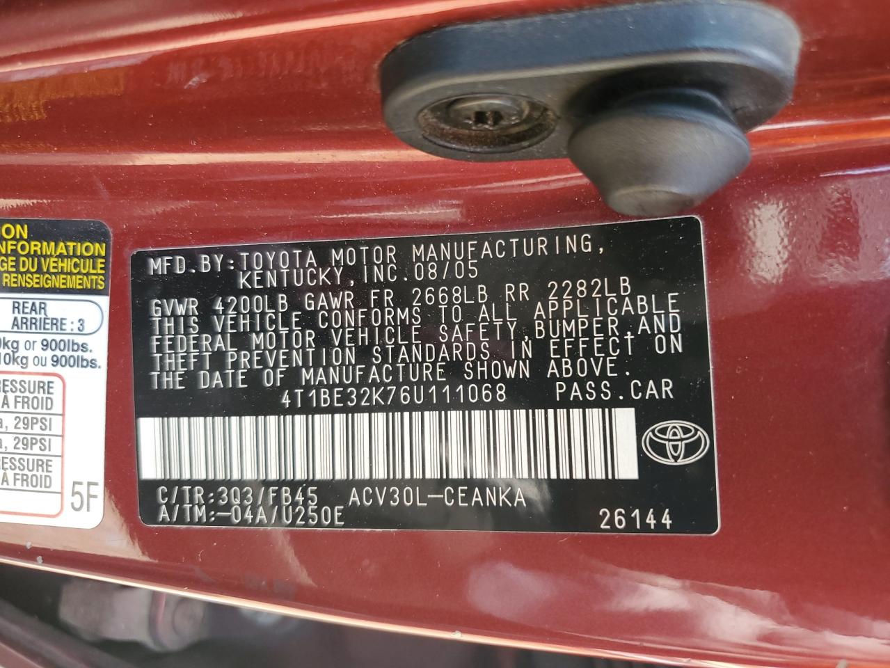 2006 Toyota Camry Le VIN: 4T1BE32K76U111068 Lot: 63108555