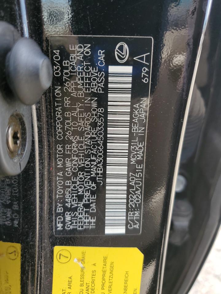 2004 Lexus Es 330 VIN: JTHBA30G645033578 Lot: 64947195